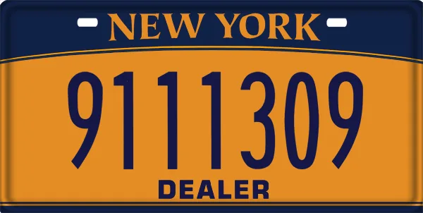 New York dealer plate with blue numbers and DEALER lettering on an orange background