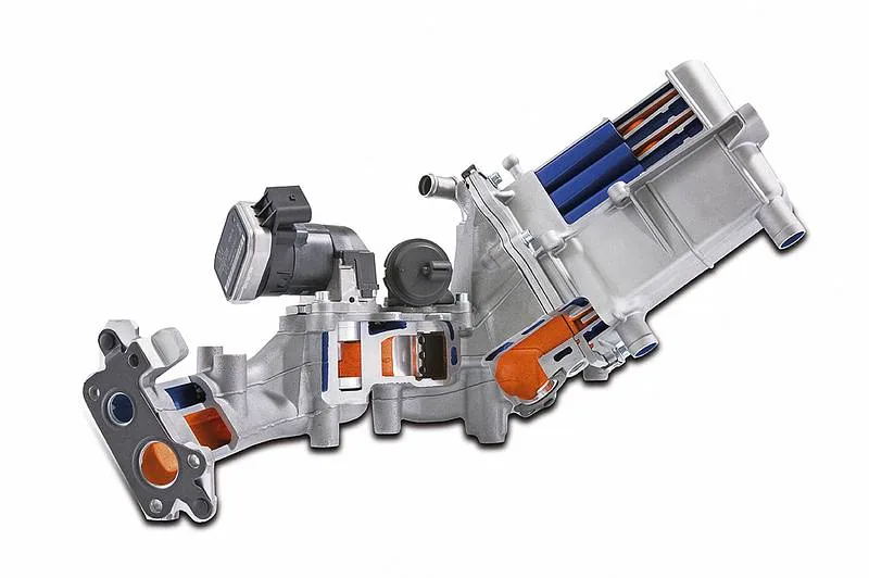 EGR valve and aluminum cooler in one casting, with coolant fittings and exhaust flanges