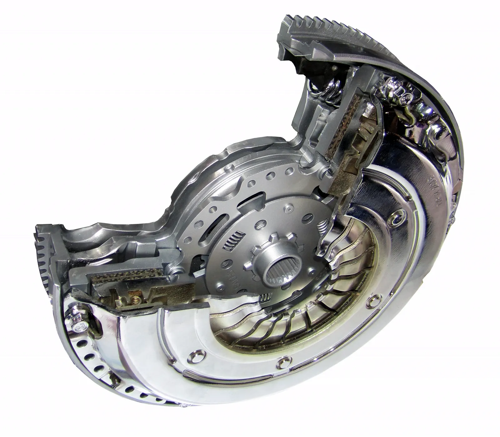 Cutaway of a dual-mass flywheel and clutch assembly with internal arc springs exposed