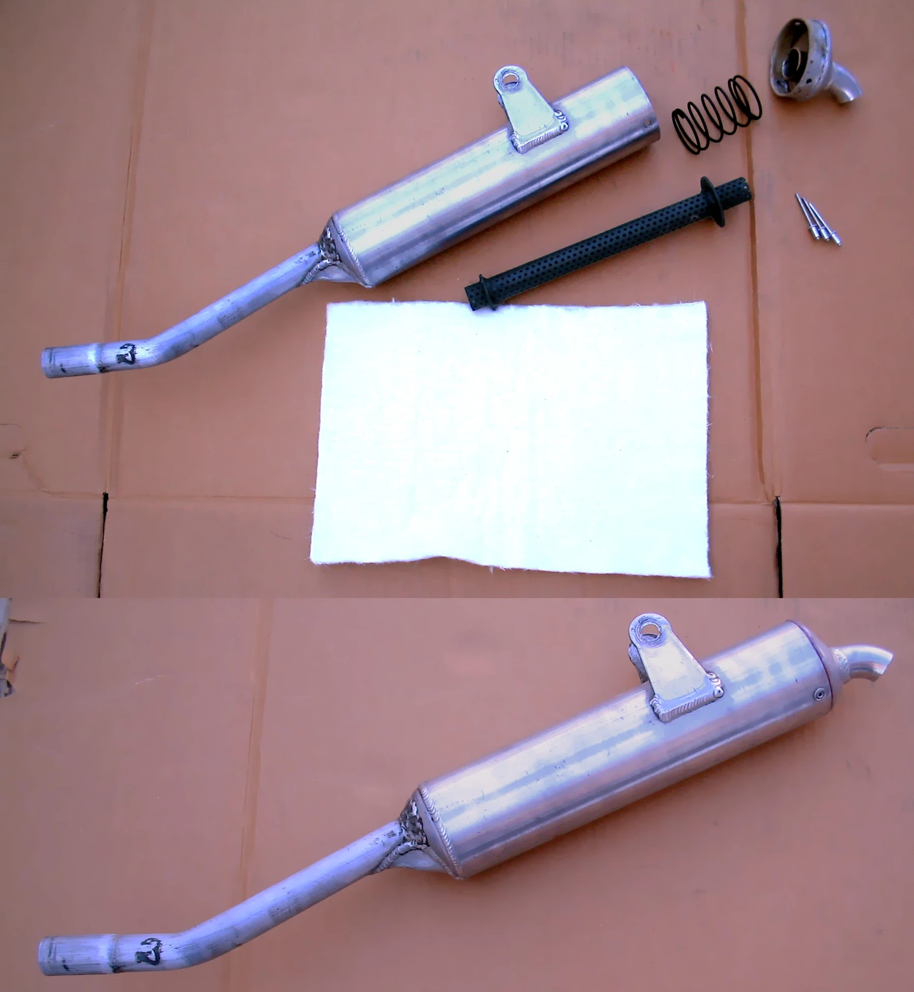 Dismantled silencer components shown above an assembled unit