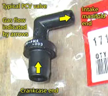 Packaged PCV valve with marked crankcase and intake ends and flow-direction arrows