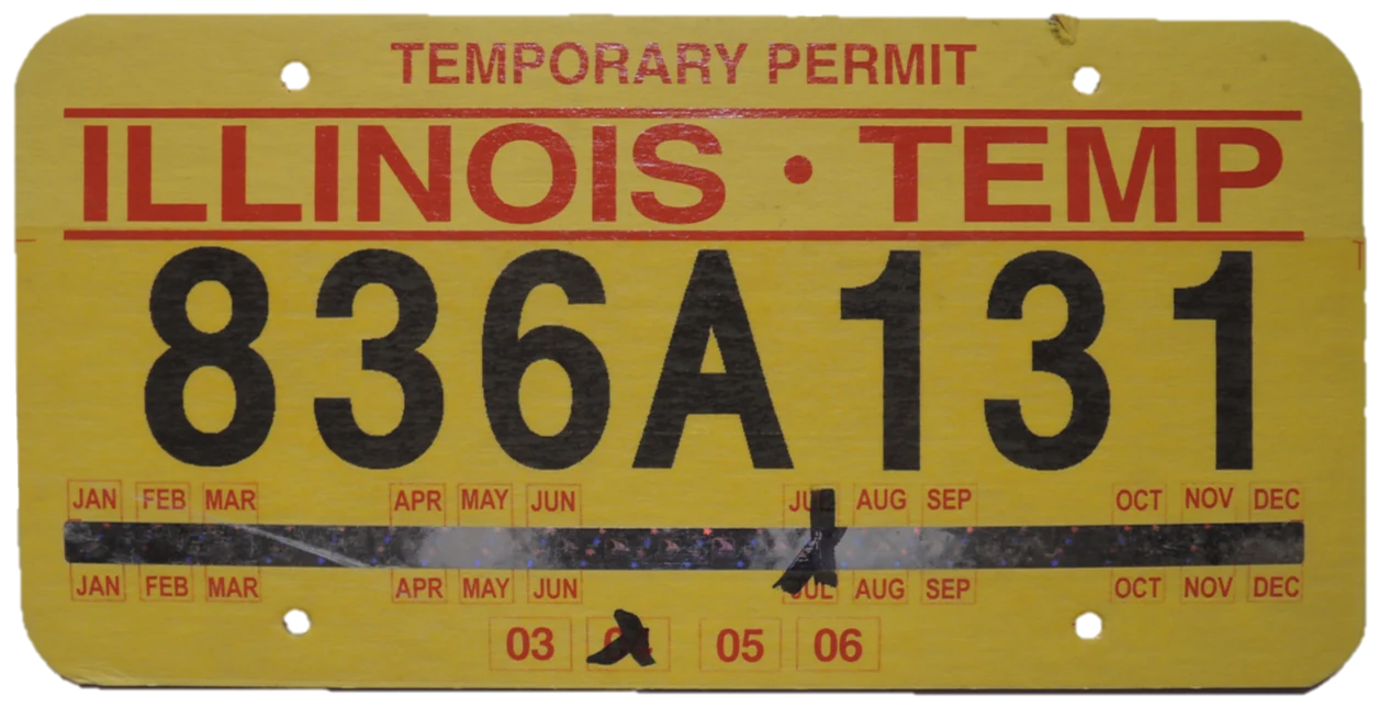 Historic yellow Illinois temporary registration permit marked 2004